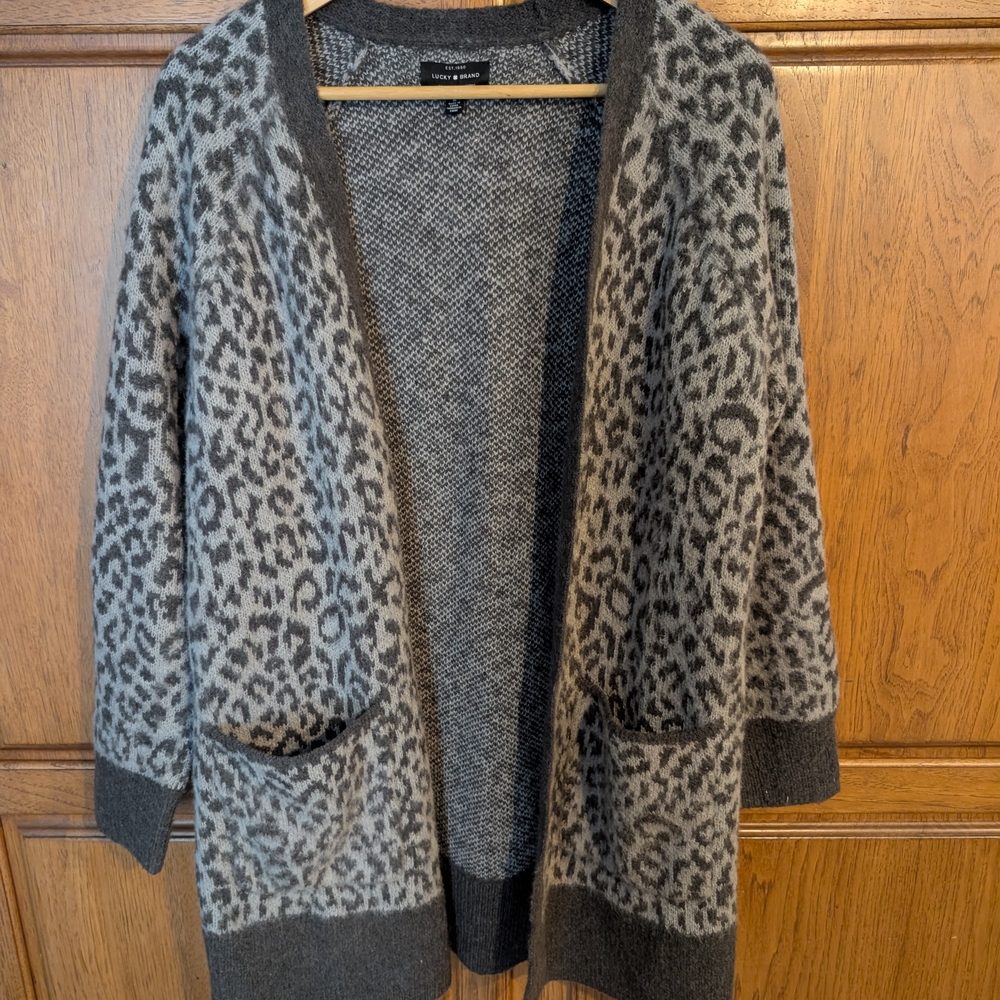 Lucky Brand Gray Leopard Open-Front Cardigan